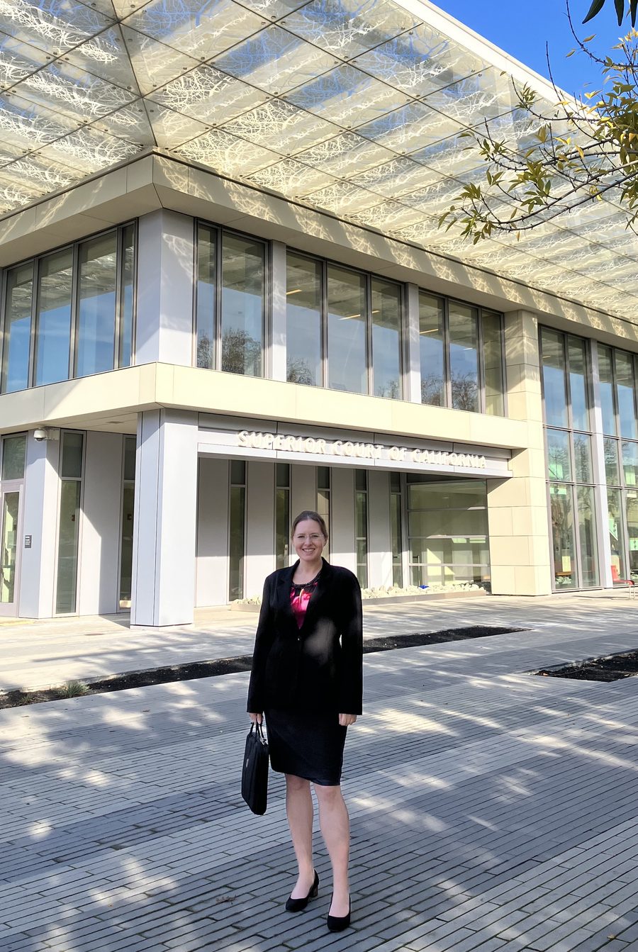 Juliane Smith, Esq., founding attorney of Wordsmith Law, outside the Superior Court of California